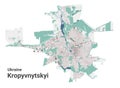 Kropyvnytskyi map, oblast center city in Ukraine. Municipal administrative area map with buildings, rivers and roads, parks and