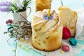 Kruffin sweet pastry - Easter recipe. Traditional food on the holiday table - bread cake with candied Kraffin and easter eggs