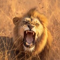 Krugers pride male lion roars majestically in South Africas wilderness