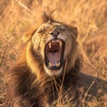 Krugers pride male lion roars majestically in South Africas wilderness