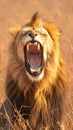 Krugers pride male lion roars majestically in South Africas wilderness