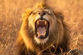 Krugers pride male lion roars majestically in South Africas wilderness Royalty Free Stock Photo