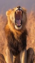 Krugers pride male lion roars majestically in South Africas wilderness