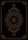 Gold frame with gold swirls of ornament, beads and a radiant star in the center on a black background