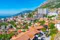 KRUJA, ALBANIA, SEPTEMBER 28, 2019: Aerial view of old town of Kruja in Albania Royalty Free Stock Photo