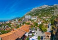 KRUJA, ALBANIA, SEPTEMBER 28, 2019: Aerial view of old town of Kruja in Albania... Royalty Free Stock Photo
