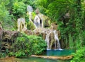 Krushuna waterfalls, Bulgaria - forest and blue water landscape - panorama Royalty Free Stock Photo