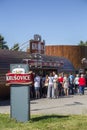 Krusovice beer sign in front of souvenir shop