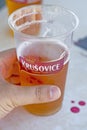 Hand holding krusovice beer in plastic glass