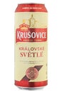 Krusovice Svetle premium beer can. Royal Brewery of Krusovice was founded in 1581. Isolated on white. Clipping path
