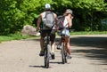 Couple rolling on mountain bike in border forest Royalty Free Stock Photo