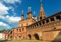 Krutitskoe Podvorye or Krutitskoe Compound in Moscow, Russia. Assumption cathedral on historical street