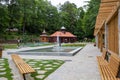 KRYNICA ZDROJ, POLAND - AUGUST 28, 2020. A fountain on the promenade at old wooden pump-room Jozef in Historic city center of