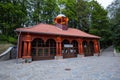 KRYNICA ZDROJ, POLAND - AUGUST 28, 2020. Old wooden pump-room Jozef in Historic city center of Krynica Zdroj, Poland