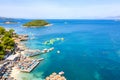 Ksamil beaches. Four islands. The bay. The Tetran Archipelago. Ksamil. Albania. Drone shooting. Aerial photography