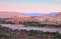 Ksar of Ait-Ben-Haddou and surroundings at dawn, Morocco. Ait-Ben-Haddou along the bank of a parched river