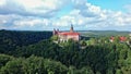 Ksiaz - a historic castle in the castle complex. Famous touristic landmark. From lef to right