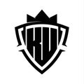 KU Letter bold monogram triangle curve shield shape with crown black and white background color design Royalty Free Stock Photo
