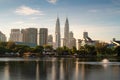 Kuala Lumpur city skyscraper and fountation with nice sky morning at Titiwangsa Park in Kuala Lumpur. Malaysia. Travel and Royalty Free Stock Photo