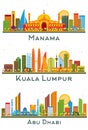 Kuala Lumpur Malaysia, Abu Dhabi UAE and Manama Bahrain City Skyline Set