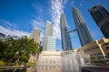 Kuala Lumpur, Malaysia - August 13, 2022: The KLCC Park with the water fountain show in front of the Petronas towers. Long