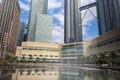 Kuala Lumpur, Malaysia - August 13, 2022: The KLCC Park with the water fountain show in front of the Petronas towers. Long