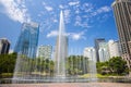 Kuala Lumpur, Malaysia - August 13, 2022: The KLCC Park with the water fountain show in front of the Petronas towers. Long