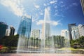 Kuala Lumpur, Malaysia - August 13, 2022: The KLCC Park with the water fountain show in front of the Petronas towers. Long