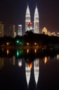 Skyline of Kuala Lumpur city at night with Petronas twin towers reflecting in the pond in Kuala Lumpur, Malaysia. Royalty Free Stock Photo