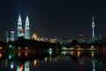 Skyline of Kuala Lumpur city at night with Petronas twin towers and TV tower reflecting in the pond in Kuala Lumpur, Malaysia. Royalty Free Stock Photo