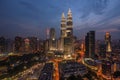 KUALA LUMPUR, MALAYSIA, Circa June 2015 - An aerial and a fish eye view of Kuala Lumpur Twin Towers at blue hour after a sunset. Royalty Free Stock Photo