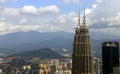 Close up view of Petronas Twin Towers skyscraper peak in Kuala Lumpur, Malaysia