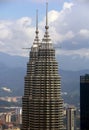 Close up view of Petronas Twin Towers skyscraper peak in Kuala Lumpur, Malaysia