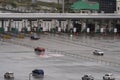 High angle view of the traffic during raining in the morning at Sungai Besi toll,Malaysia.