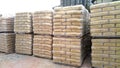 Stock pile of portland cement in commercial bags.