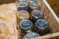 Top view of drawers with spices organized inside. Modern kitchen countertop with food ingredients