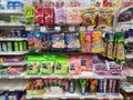 KUALA LUMPUR , MALAYSIA - JUL 15, 2020: Family mart convenience store sweets and confectionery snack display rack