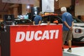 DUCATI emblem and logos at the Ducati motorcycle body.