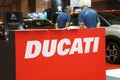 DUCATI emblem and logos at the Ducati motorcycle body.