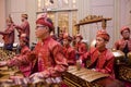 KUALA LUMPUR, MALAYSIA 12 JULY 2017: Group of Malaysian with songket performing Gamelan Orchestra and modern music instrument on h