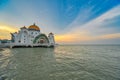 Beautiful sunset over the Malacca Straits Mosque or Masjid Selat Royalty Free Stock Photo