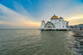 Beautiful sunset over the Malacca Straits Mosque or Masjid Selat Royalty Free Stock Photo