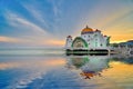 Beautiful sunset over the Malacca Straits Mosque or Masjid Selat Royalty Free Stock Photo