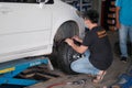 Tyre change on the car in a workshop by a mechanic Royalty Free Stock Photo