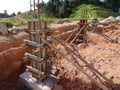 Column timber form work and reinforcement bar at the construction site.