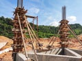 Column timber form work and reinforcement bar at the construction site.