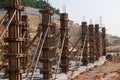 Column timber form work and reinforcement bar at the construction site.
