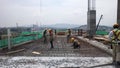 Floor slab and beam reinforcement bar under fabrication at the construction site by workers.