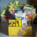 Hamper with various products wrapped in gold colour for Hari Raya Aidilfitri celebration.
