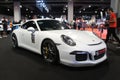 Porsche cars exhibit for sale in the huge showroom. Royalty Free Stock Photo